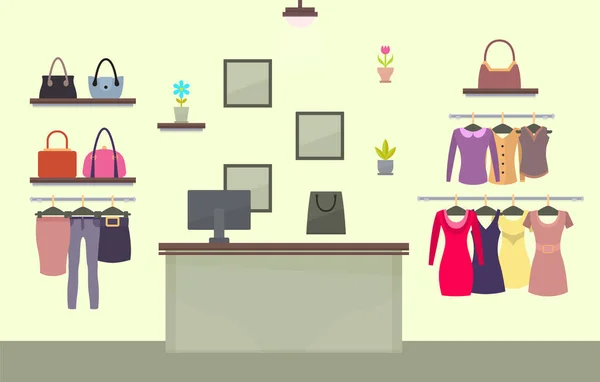 Boutique de mode avec vêtements et accessoires pour femmes — Image vectorielle