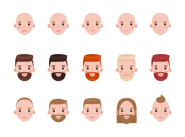 Manliga huvuden med olika frisyrer och humör Set — Stock vektor