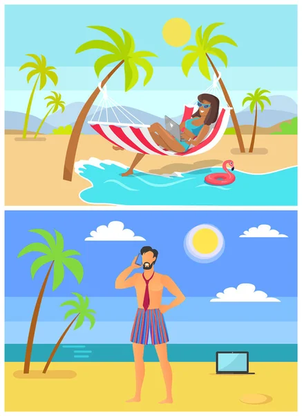 Opalone kobieta i mężczyzna w bagażniku i krawat na plaży — Wektor stockowy
