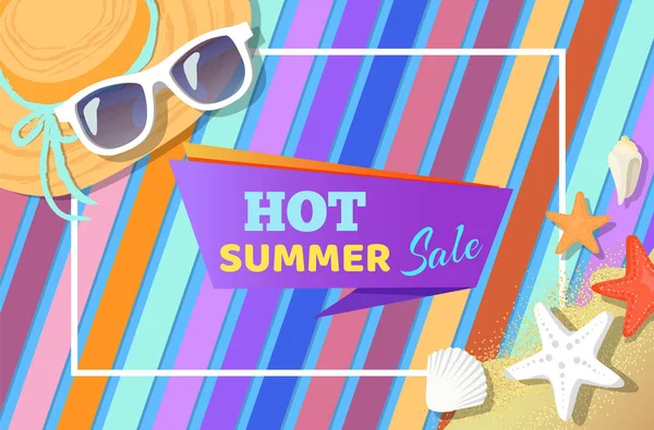 Cartel caliente de la venta del verano con los atributos del verano — Archivo Imágenes Vectoriales