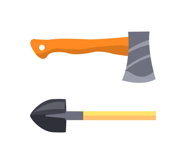 Set of Isolated Icons Depicing Shovel and Hatchet - Stok Vektor