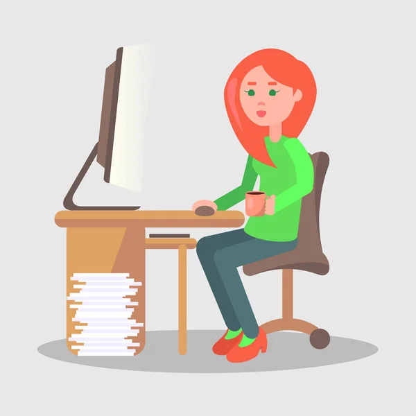 Personaje femenino sentarse a la mesa con el vector de ordenador — Archivo Imágenes Vectoriales