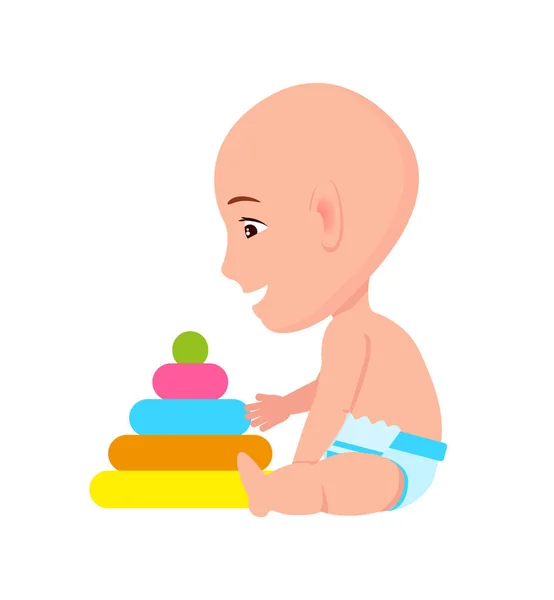 Bald Toddler Infant in Diaper Playing with Pyramid — Stock Vector