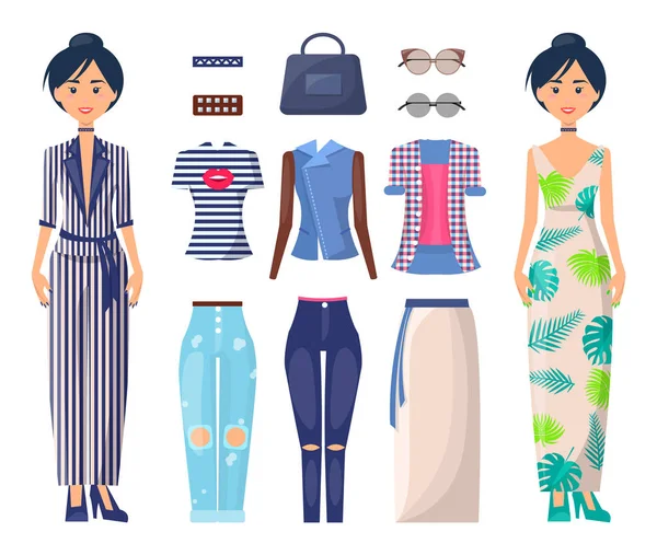 Elegante niñas conjunto verano modo colección ropa — Vector de stock