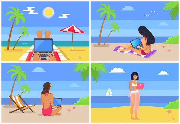 Gente en Seaside Freelance Vector Illustration — Vector de stock