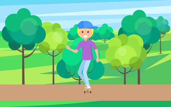 Patinador al aire libre, Joven patinador en lindo sombrero de montar — Vector de stock