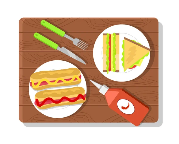 Voedsel geplaatst op houten plank vectorillustratie — Stockvector