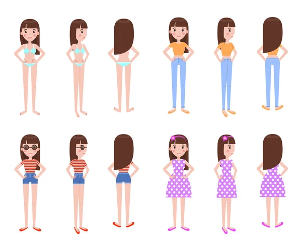 Modelo de niña en ropa de verano Todos los Foreshortenins — Vector de stock