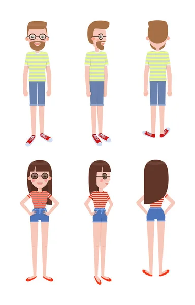 Chico y chica en pantalones cortos y camisetas con gafas — Vector de stock