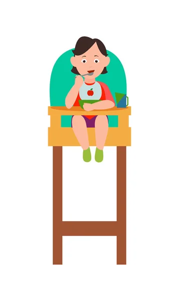 Niemowlę dziecko jeść z miski w Baby krzesło wektor — Wektor stockowy