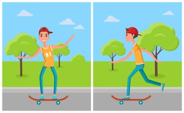 Set çizgi film karakterleri Skateboarders kaykay