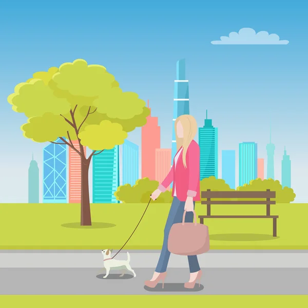 Blondine geht mit Hund im Stadtpark spazieren — Stockvektor