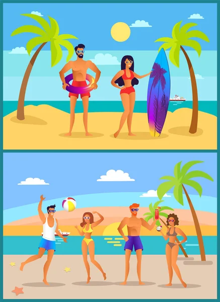 Yaz ve aktif insanlar, vektör çizim