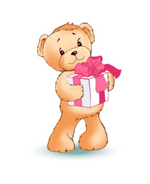 Yumuşak oyuncak ayı hediye kutusu üzerine pembe fiyonklu tutar