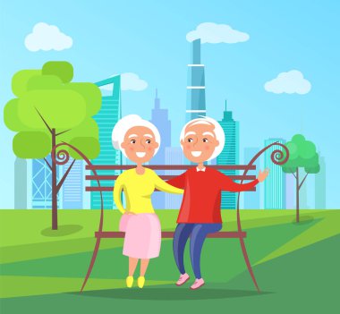 Dedesi gökdelenler şehir park bankta oturmak