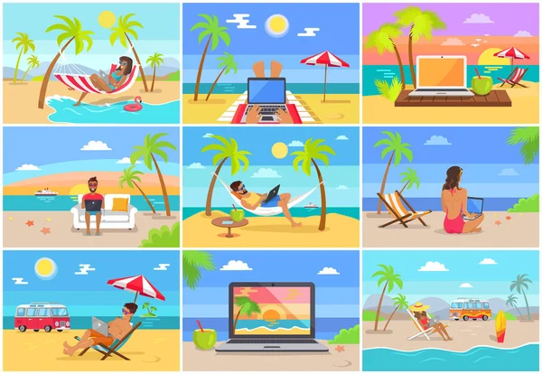 Trabajadores freelance en Sunny Tropical Beaches Set — Vector de stock