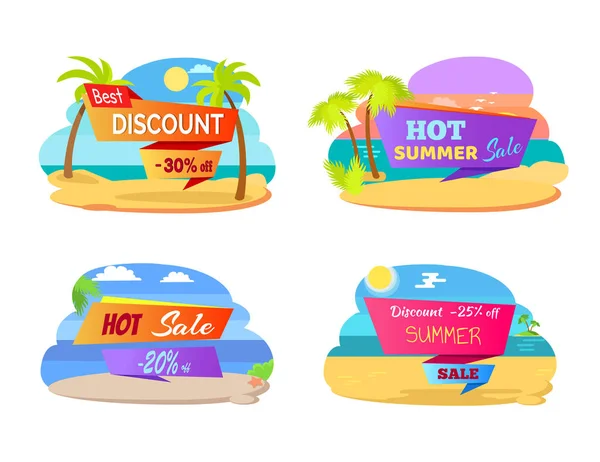 Mejores pegatinas promocionales de descuento con conjunto de palmas — Vector de stock