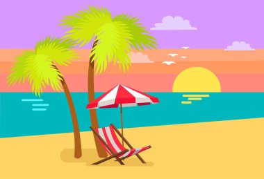 Deniz manzarası Palms batımında martılar vektör uçan