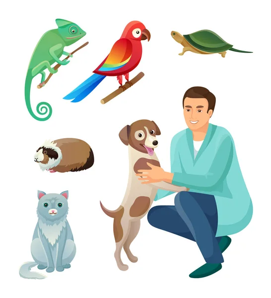 Veterinario en Túnica con Set de Perros y Mascotas Exóticas — Vector de stock