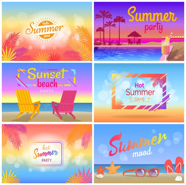 Humor de fiesta de verano caliente, carteles de paisaje de playa — Archivo Imágenes Vectoriales
