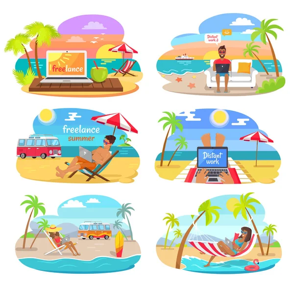 Ορίστε πολύχρωμες αφίσες μακρινή εργασία καλοκαίρι Freelance — Διανυσματικό Αρχείο