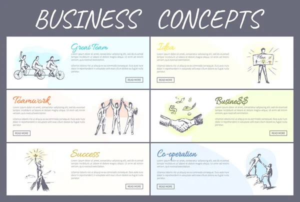 İş kavramı, harika bir fikir başarı toplama web sayfaları, metin örnekleri ve düğmeleri, afiş, vektör çizimler işbirliği içinde ekip oluşturma ayarla