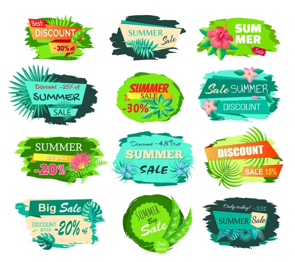 Set Promo etiketleri tropik çiçekler ve yeşil yaprakları