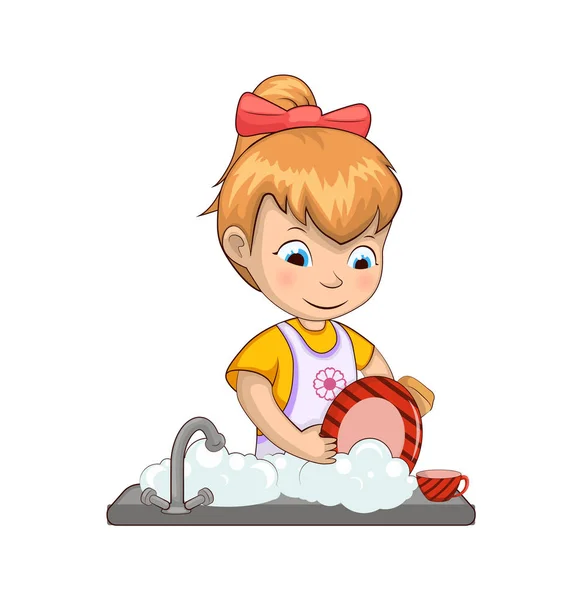 Little Girl Washing Dishes Vector Illustration — Stock Vector