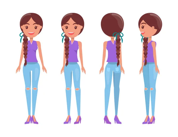 Braided brunette girl in t-shirt and ripped jeans. — Stock Vector