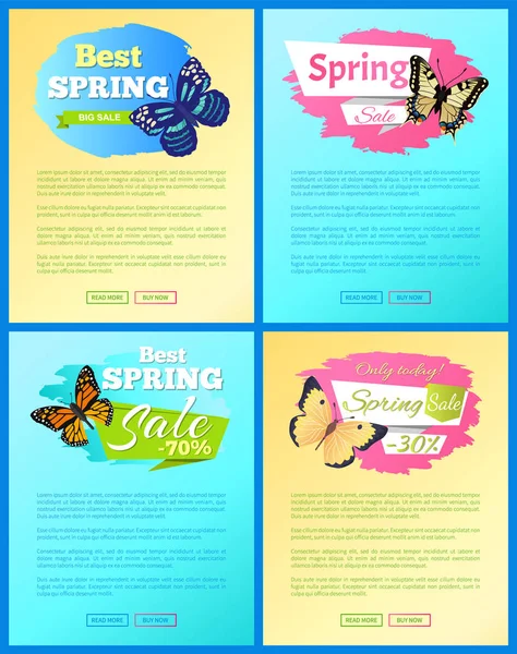 Etiquetas de venta de primavera en carteles Añadir texto Mariposas — Vector de stock