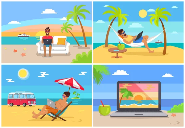 Freelance Work and Summer Rest on Sunny Sea Side — Vector de stoc