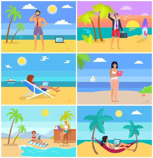 Mensen uit het bedrijfsleven op zomervakantie Posters Set — Stockvector