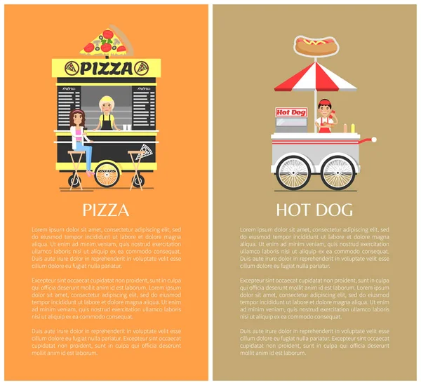 Pizza y Hot Dog tiendas móviles Vector Ilustración — Vector de stock