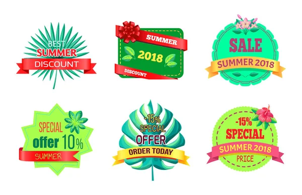 Die besten Sommer-Rabattlogos mit tropischen Pflanzen — Stockvektor