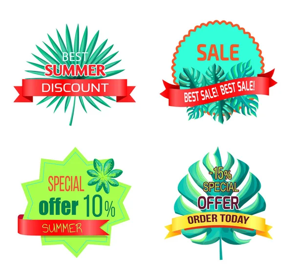 Special Summer Offer Promo Tropical Emblems Set — Stock Vector