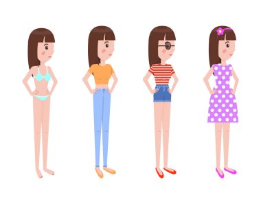 Yazlık giysiler içindeki genç kız profil kümesinde standları