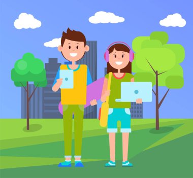 Gençler ile dizüstü bilgisayarlar Poster illüstrasyon vektör