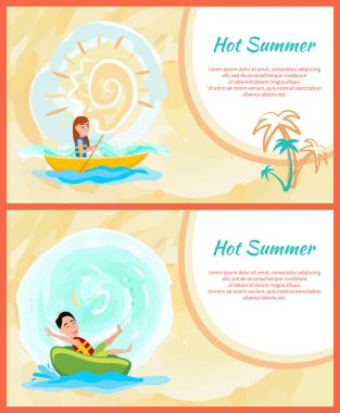 Sıcak yaz renkli kartları, deniz üzerinde aktif dinlenme