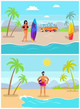 Sörf tahtası ve adam şişme Ring ile kız