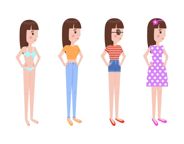 Chica joven en ropa de verano se destaca en conjunto de perfil — Vector de stock