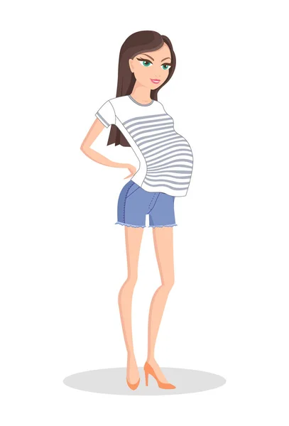 Cheerful Mom in Short Shorts and Striped T-shirt — Stock Vector