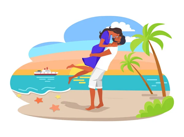 海辺のベクトル図で抱き合うカップル — ストックベクタ