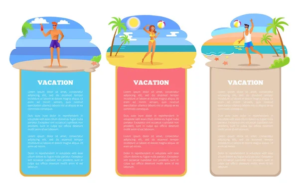 Nyaralás trópusi ország közel tenger plakátok beállítása — Stock Vector