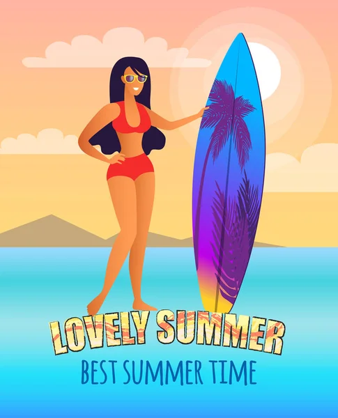 Precioso cartel promocional de verano con chica y tabla de surf — Archivo Imágenes Vectoriales
