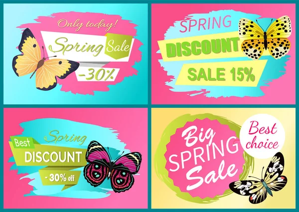 Venta de descuento de primavera Off Set emblemas mariposas — Vector de stock