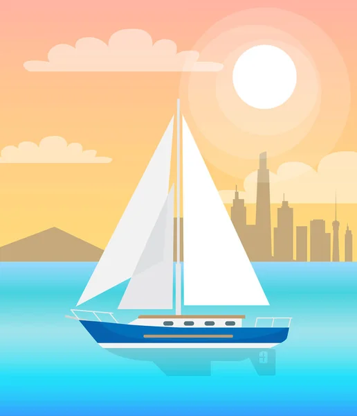 Boot varen met zeilen blauw Water bij zonsondergang Vector — Stockvector