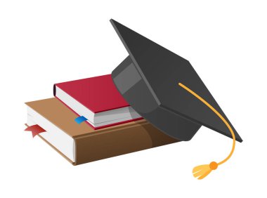 Püskül yığın kitap üzerinde ile kare akademik şapka
