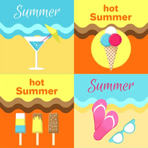 Heiße Sommer-Poster aus Martini-Glas, Flip-Flops — Stockvektor