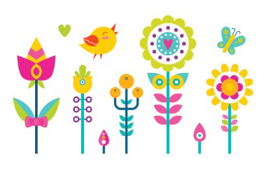 Çiçekler kuş ve kelebek Set vektör çizim