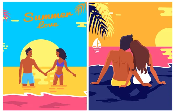 Estate Amore Poster Set con amore di coppia sulla spiaggia — Vettoriale Stock